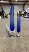 2 PC. SLIME BLUE GLASS VASES, 6" AND 8" HIGH