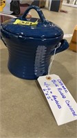 CERAMIC BLUE RINGED CANISTER W/LID AND HANDLES