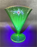 Uranium Glass Handpainted Fan Vase