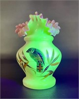 Uranium Glass Hand Painted Ruffled Vase