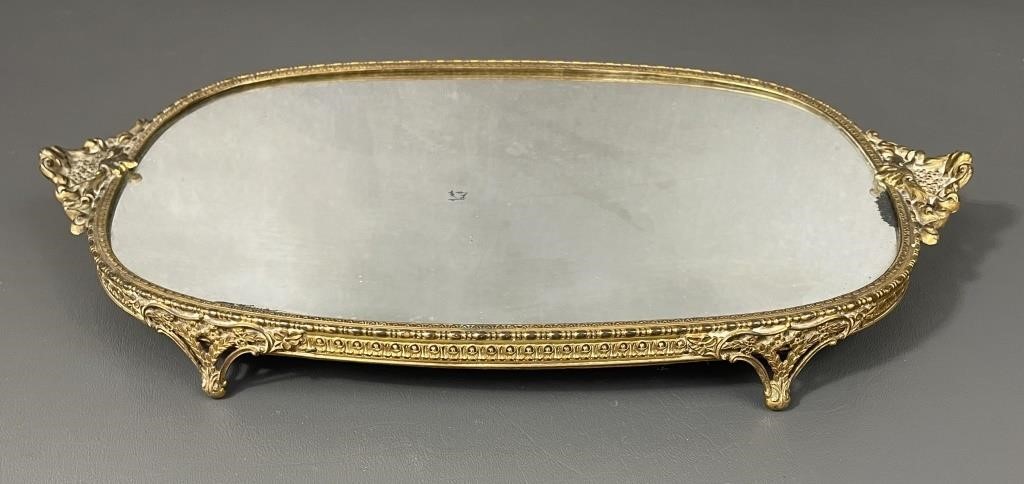 Brass Mirrored Vanity Tray With Velvet Backing