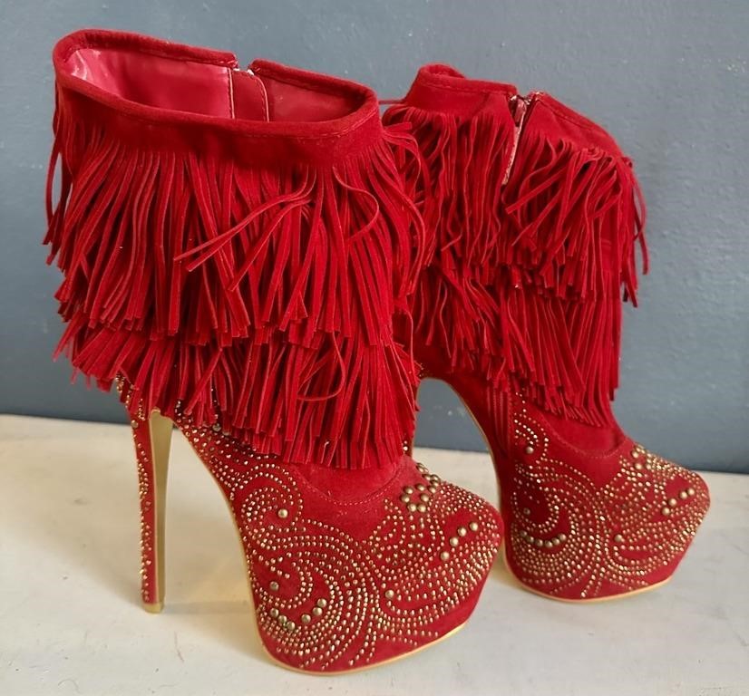 Women's High Heel Red & Gold Boots Size 8