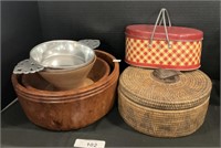 Vintage Tin Lunch Pail, Wooden Serving Bowls.