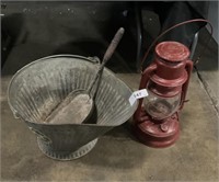 Coal/Pellet Bucket, Shovel, Metal Oil Lamp.