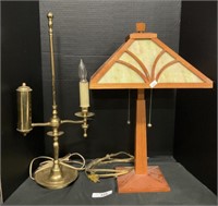 Brass Lamp, Slag Glass Pyramid Lamp.