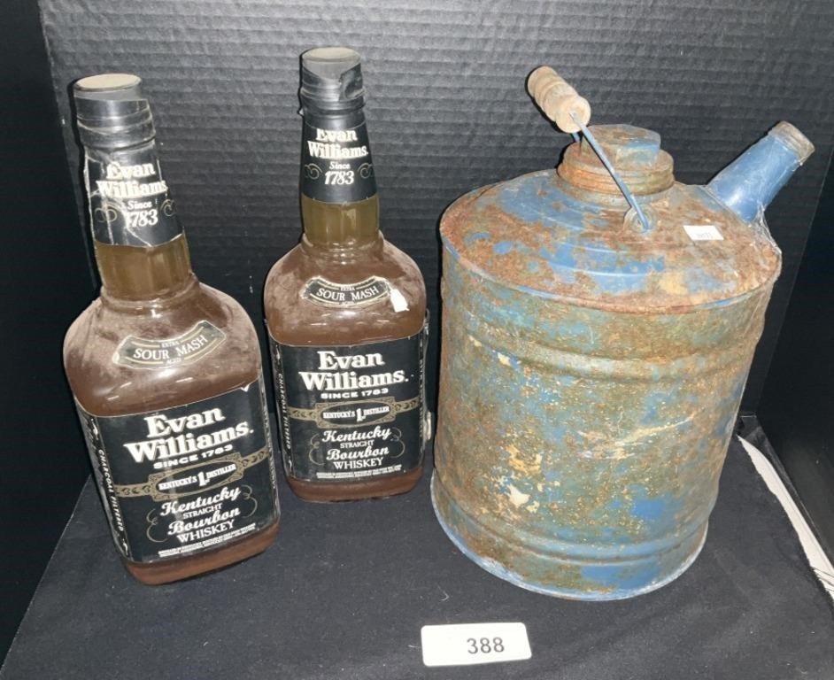 Vintage Steel Gas Can, Evan Williams Bourbon