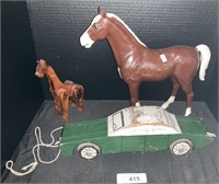 Vintage Wooden Pull Toy Car, Breyer Horse