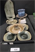 Pottery Flower Frog, Pottery Dishes & Candlestick