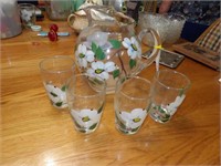 handpainted water pitcher and 5 glasses