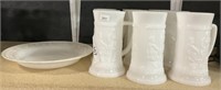 12 White Milk Glass Stein Mugs & Plate.