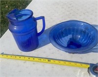 Cobalt Blue Pitcher  internal crack and Bowl