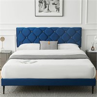 Queen Bed Frame  Velvet  Navy Blue
