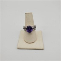 Sterling Silver Ring w/ Purple & Clear Stones Sz 9