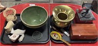 Green Bowl, Coffee Grinder, Brass Spitoon.