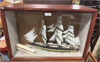 Handmade Pine Display Case w/ Model Ship & Plane.