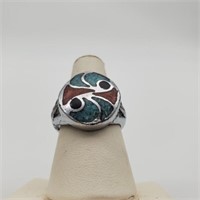 Sterling Silver Ring w/ Crished Coral & Turquoise