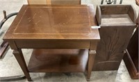 Mid Century Oak End Table, Hanging Pine Cabinet.