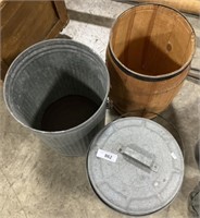 Galvanized Tins, Wood Barrel.