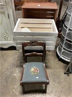 Victorian Needle Point Chair, Crate, Side Table.