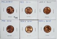 Group of 6  Lincoln Cents  1952-D - 1954-S  BU