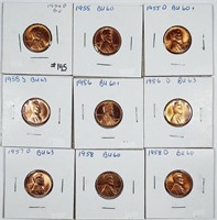 Group of  9 Lincoln Cents   1954-D - 1958-D  BU