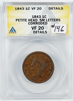 1843  Petite Head Sm Letters  Large Cent  ANACS