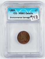 1889  Indian Head Cent   ICG MS-60 details