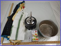 ASSORTED KITCHEN ITEMS- ALL CLAD WHISTLING TEA POT