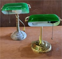 (2) VTG Green Glass Shade Banker Lamps