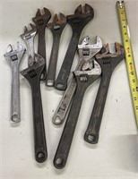 Lot of Nine Misc Adjustable Wrenches