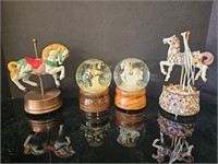 4 carousel wind up music boxes & snow globes