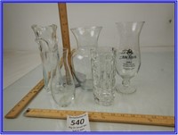 4 GLASS VASES AND 1 GLASS CUP