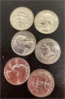 6 uncirculated 1961 silver quarters