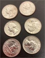 6 uncirculated 1961 silver quarters