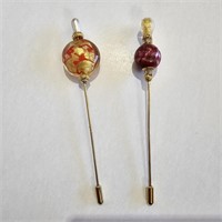 2 Post Mod Hand Crafted Art Glass Bead Stick Pins