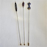 3 Hand Crafted Art Glass Beaded Hat Pins