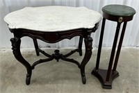 (L) Carved Wooden Base, Marble Top Side/Accent