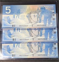 Consecutive Serial Canada $5 Bills x 3 NCU