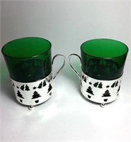 2 VINTAGE FRANCE REIMS GREEN GLASS WITH CHROME