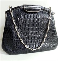 VINTAGE HANDBAG BLACK CROC LEATHER BAG PURSE WOMEN