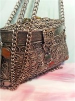 Handmade SILVER Plated Chain Bag Purse w stones