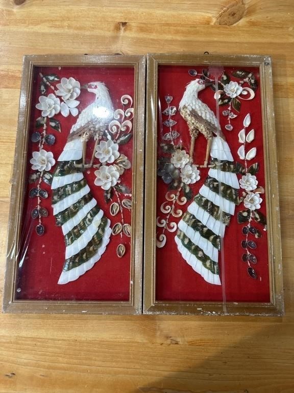Vintage Set of 2 Seashell Birds Framed