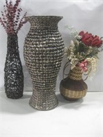 Three Wicker Vase Decor W/Faux Plants Tallest 30"
