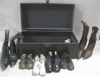 Wood Box W/Vtg Boots & Various Shoes See Info