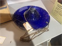 BLUE GLASS HANGING BIRD BATH WITH CHAINS