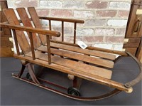 CHILDS VINTAGE WOODEN SLED WITH WHEELS;