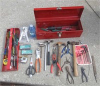 Red Tool Box w/ Variety of Tools: Hammers,