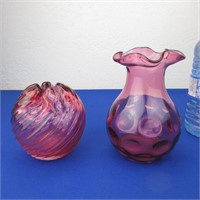 2 Hand Blown Cranberry Glass Vases