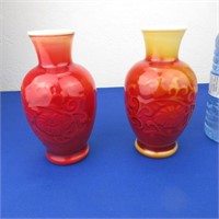 2 Beautiful Red Blown Glass Vases 6.5" H