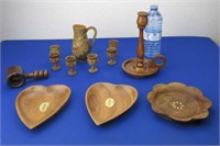 Wooden Items: 2 Heart Shaped Dishes, Candle Stick